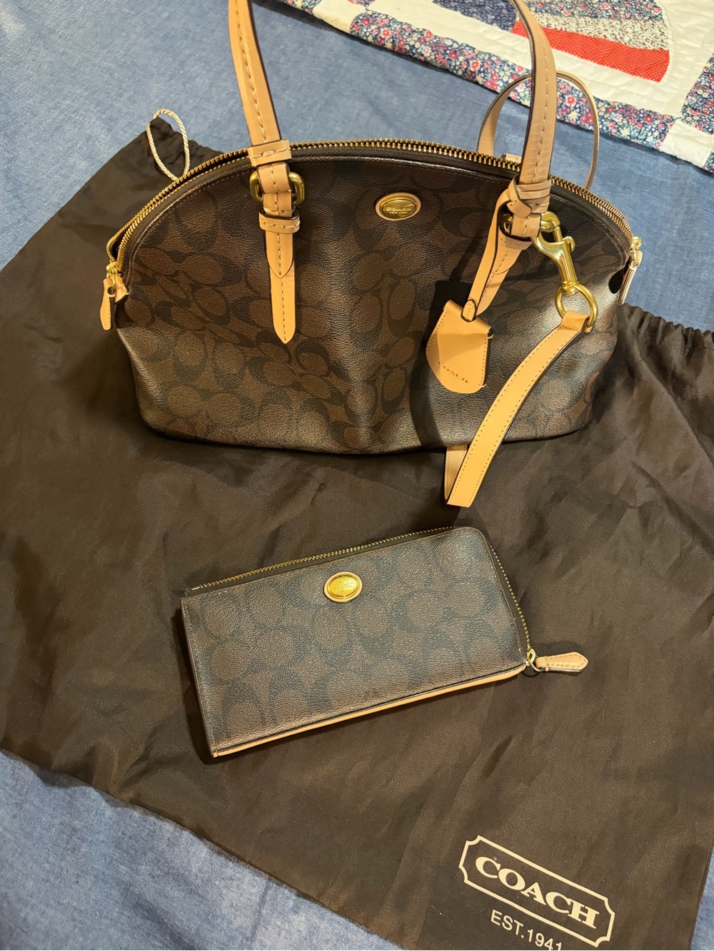 Coach Brown Signature Canvas Satchel with Tan Leather Trim and Gold Hardware